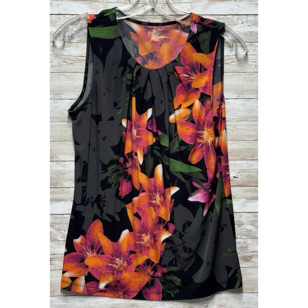 Worthington Sleeveless Black Top Vibrant Tropical Orange Lily Front Pleats Sz S